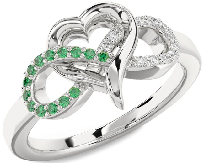 Diamond & Emerald Silver Infinity Heart Promise Ring