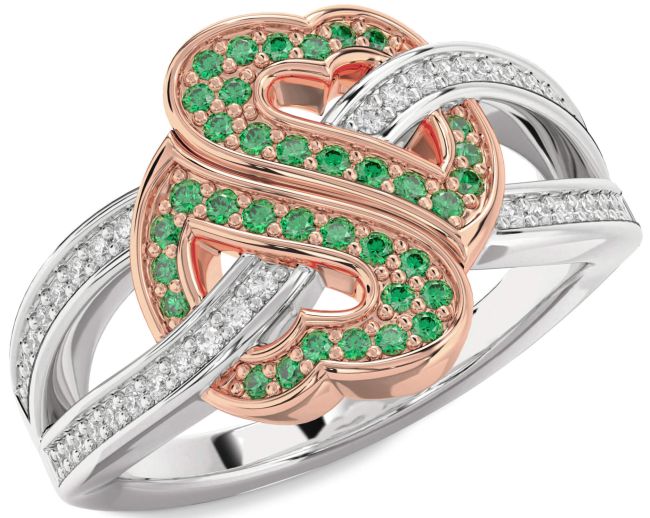 Diamond Emerald Rose Gold Silver Heart Pave Ring