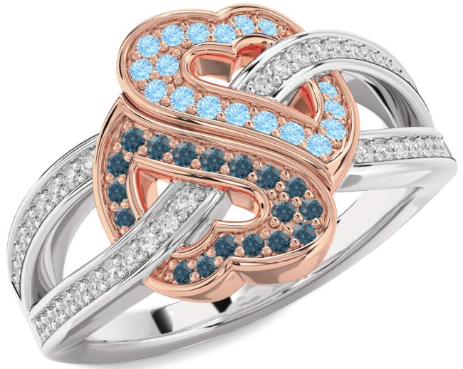 Diamond London Blue Topaz & Aquamarine Rose Gold Silver Heart Pave Promise Ring