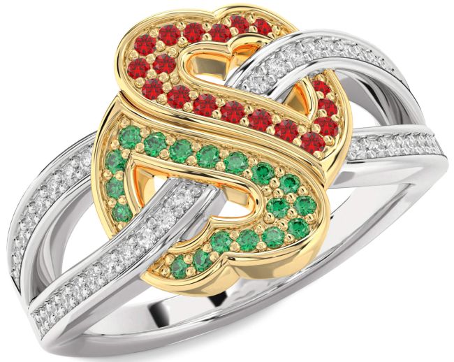 Diamond Emerald & Ruby Gold Silver Heart Pave Promise Ring