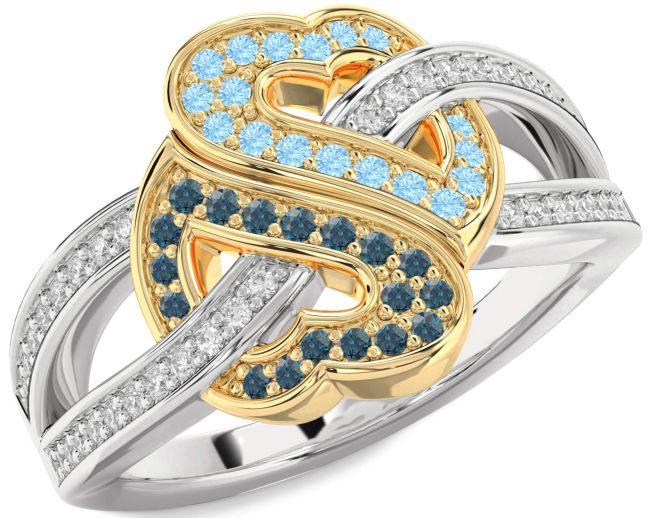 Diamond London Blue Topaz & Aquamarine Silver & 10K gold Heart Pave Promise Ring