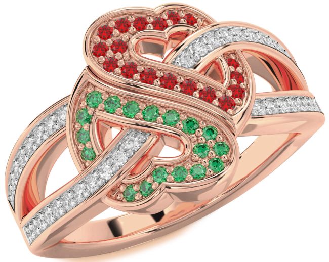 Diamond Emerald & Ruby Rose Gold Heart Pave Promise Ring