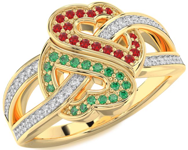 Diamond Emerald & Ruby Gold Heart Pave Promise Ring