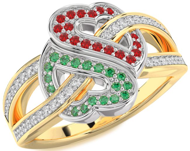 Diamond Emerald & Ruby Gold Silver Heart Pave Promise Ring