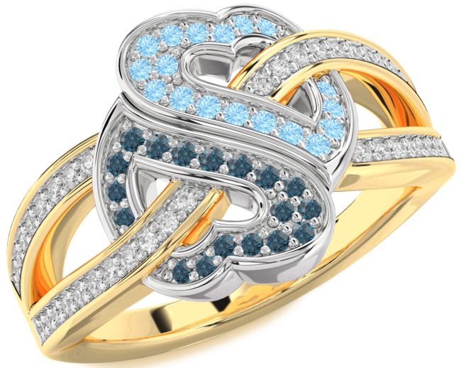 Diamond London Blue Topaz & Aquamarine White Yellow Gold Heart Pave Promise Ring