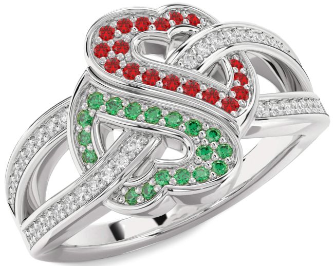 Diamond Emerald & Ruby Silver Heart Pave Promise Ring