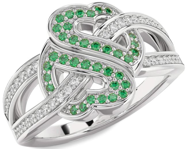 Diamond Emerald Silver Heart Pave Ring