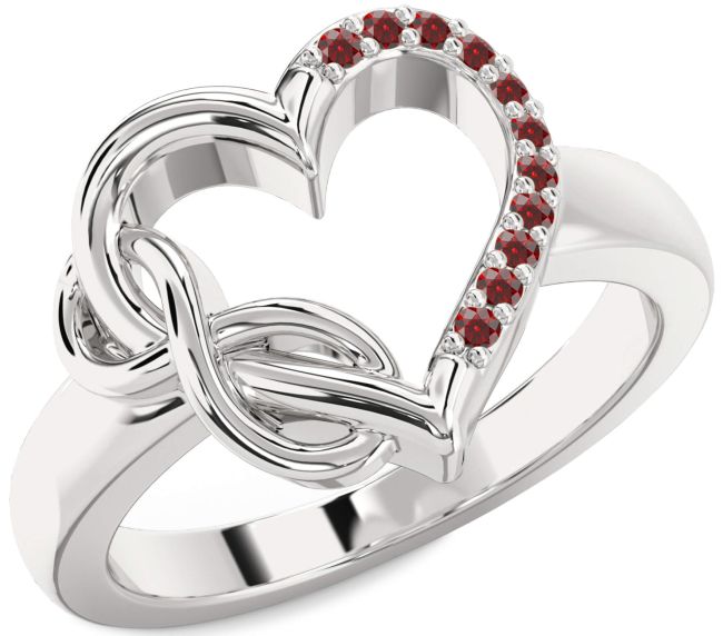 Garnet Silver Heart Infinity Ring