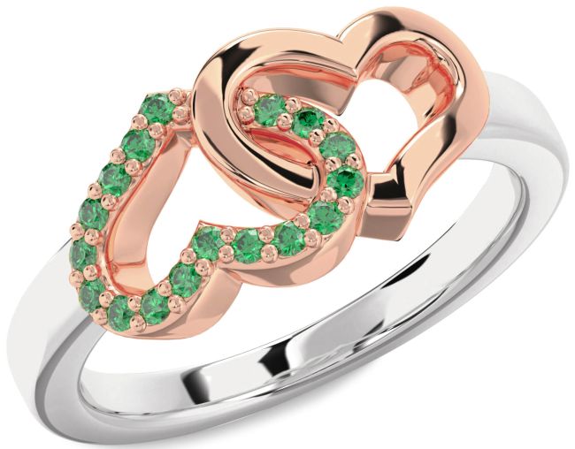 Emerald Rose Gold Silver Heart Ring