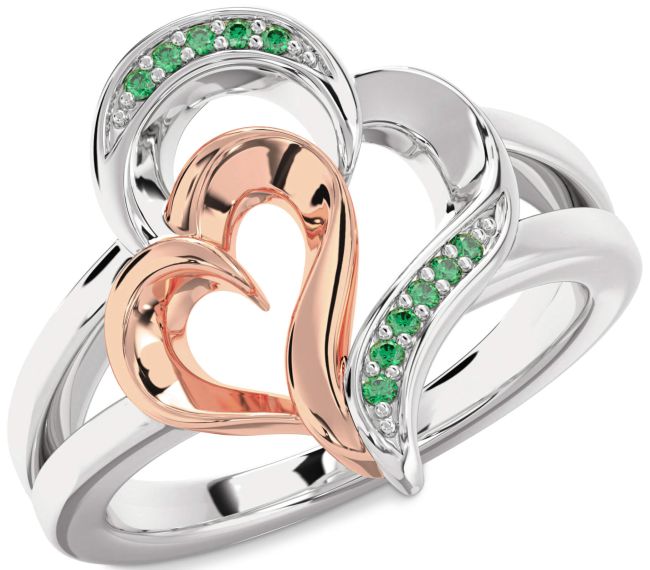 Emerald Rose Gold Silver Heart Ring