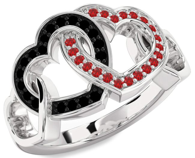 Black Diamond & Ruby Silver Heart Promise Ring