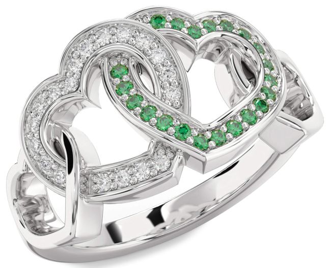 Emerald & Diamond Silver Heart Promise Ring