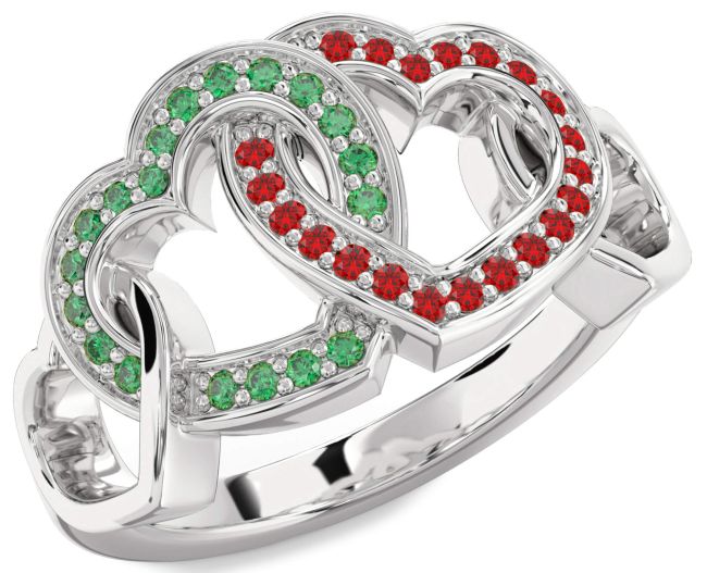 Emerald & Ruby Silver Heart Promise Ring