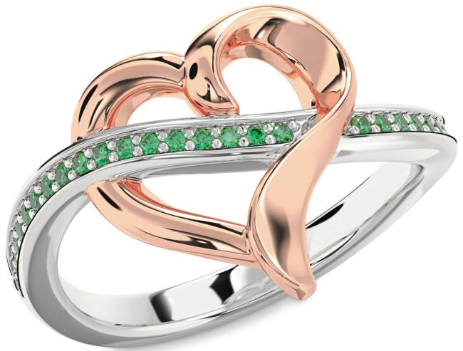 Emerald Rose Gold Silver Heart Ring