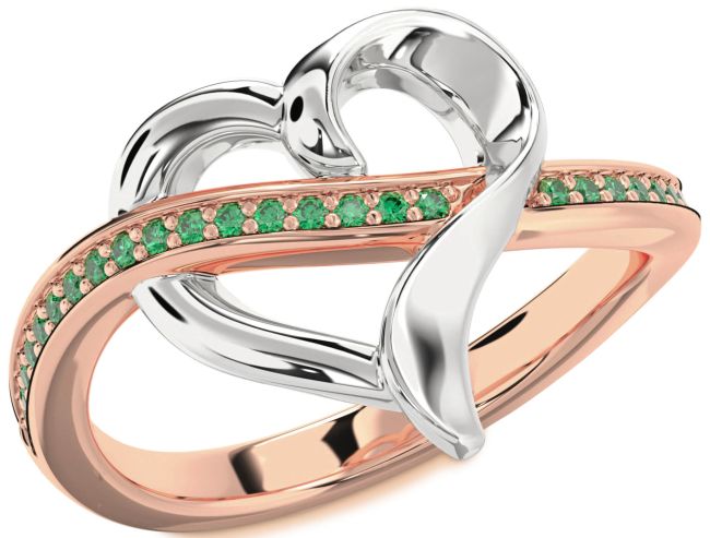 Emerald Rose Gold Silver Heart Ring