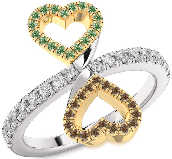 Green & Chocolate Brown Diamond Platinum & Yellow Gold Infinity Heart Pave Promise Ring