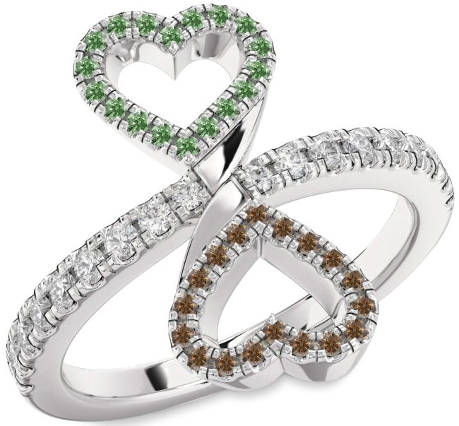 Green & Chocolate Brown Diamond Silver Infinity Heart Pave Promise Ring