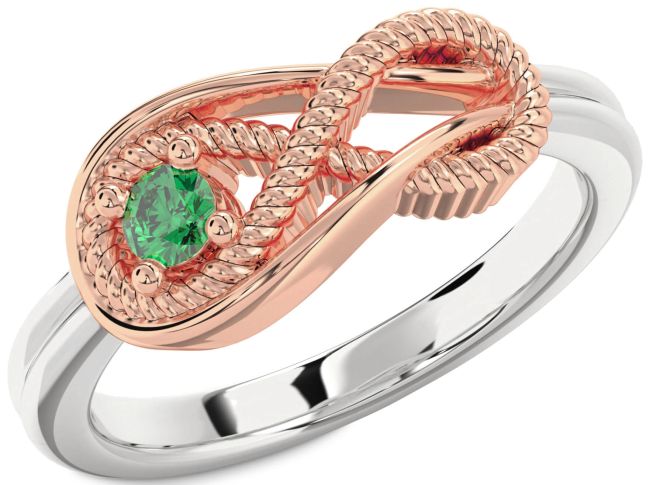 Emerald Rose Gold Silver Infinity Knot Round Promise Ring