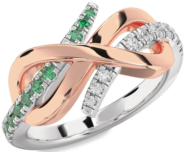 Diamond & Emerald Rose Gold Silver Infinity Round Promise Ring