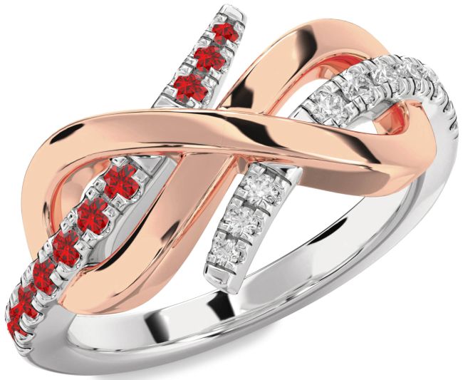 Diamond & Ruby Rose Gold Silver Infinity Round Promise Ring