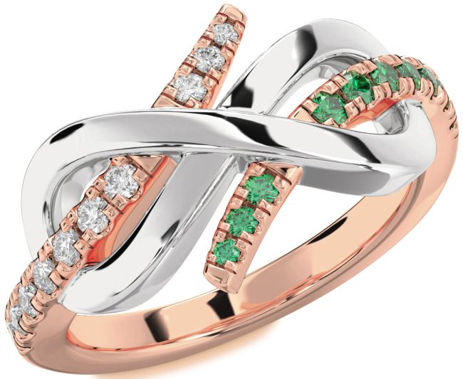 Emerald & Diamond Rose Gold Silver Infinity Round Promise Ring