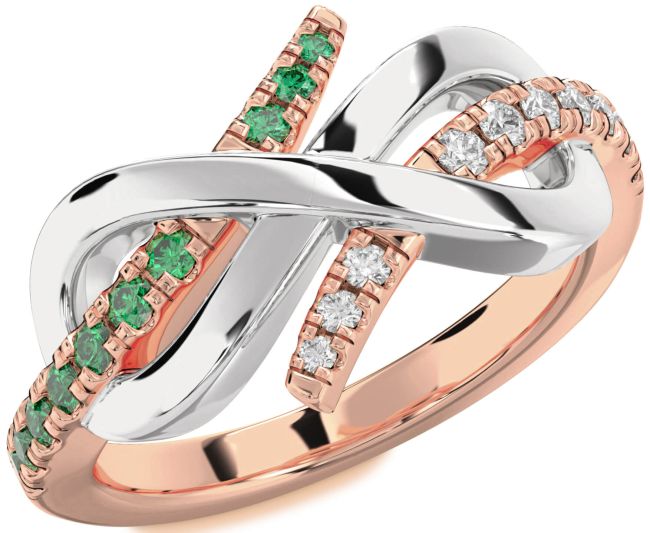 Diamond & Emerald Rose Gold Silver Infinity Round Promise Ring