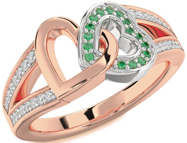 Diamond Emerald Rose Gold Silver Heart Ring