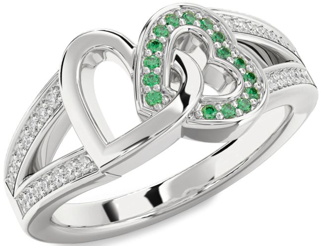 Diamond Emerald Silver Heart Ring