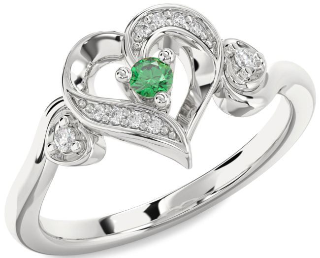 Diamond Emerald Silver Heart Promise Ring