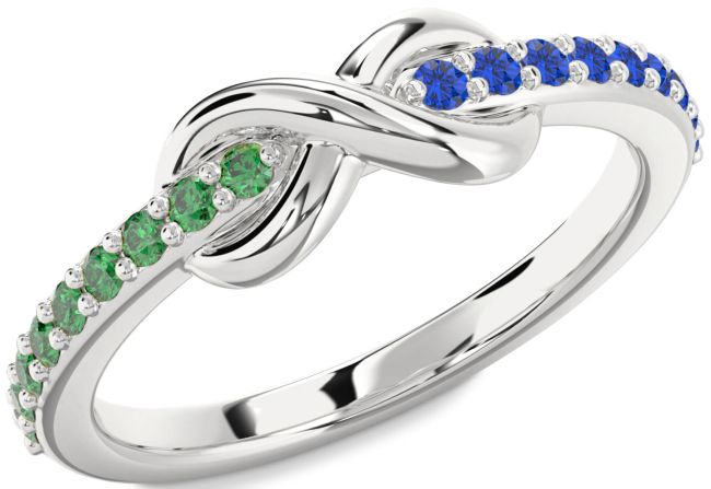 Emerald & Blue Sapphire Silver Infinity Round Promise Ring