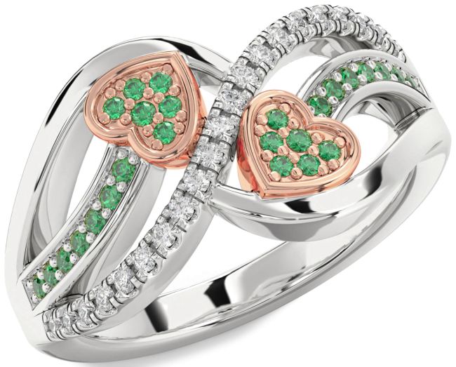 Diamond Emerald Rose Gold Silver Heart Ring