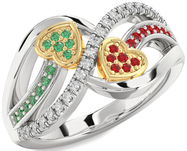 Diamond Emerald & Ruby Platinum & Yellow Gold Heart Promise Ring