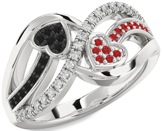 Black Diamond & Ruby Silver Heart Promise Ring