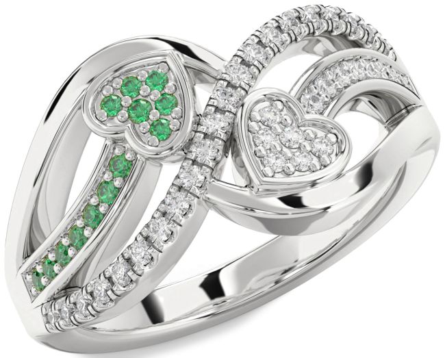 Diamond & Emerald Silver Heart Promise Ring