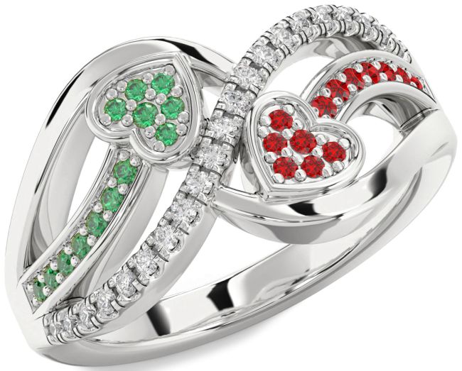 Diamond Emerald & Ruby White Gold Heart Promise Ring