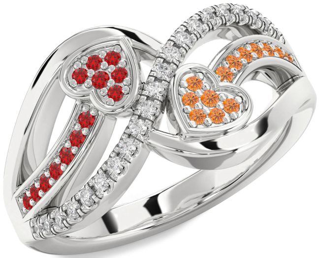 Diamond Ruby & Citrine Silver Heart Promise Ring