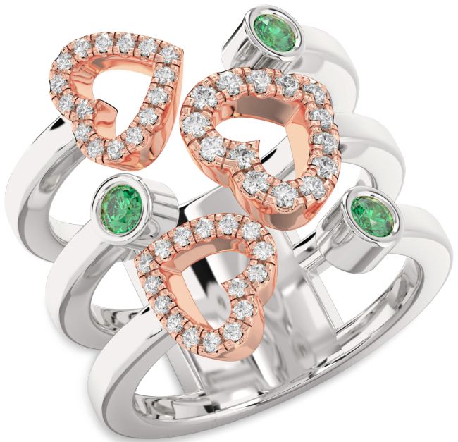Emerald Rose Gold Silver Heart Ring