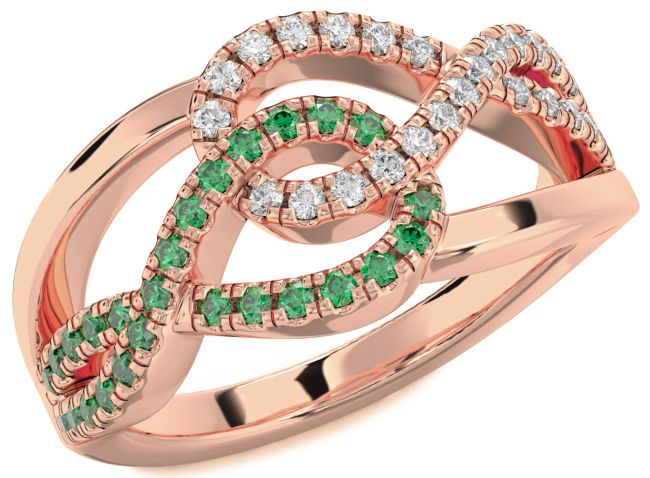 Diamond & Emerald Rose Gold Silver Infinity Round Promise Ring