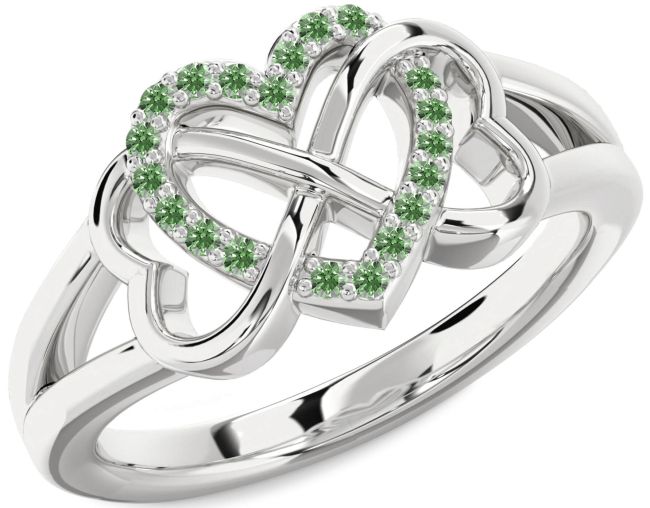 Green Diamond Silver Heart Infinity Ring