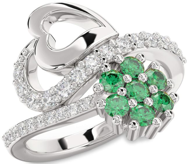 Diamond Emerald Silver Heart Flower Promise Ring