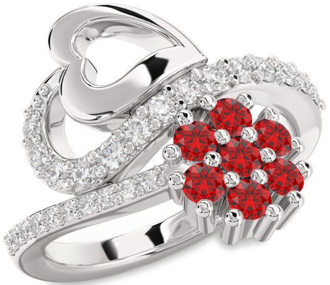 Diamond Ruby Silver Heart Flower Promise Ring
