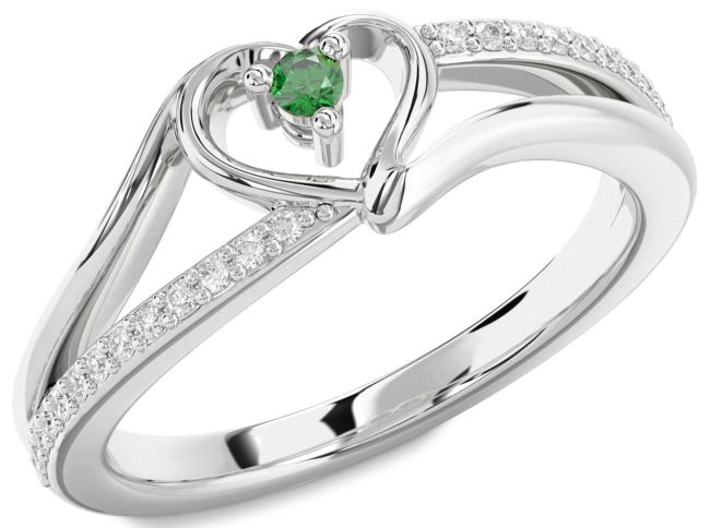 Diamond Emerald Silver Heart Promise Ring
