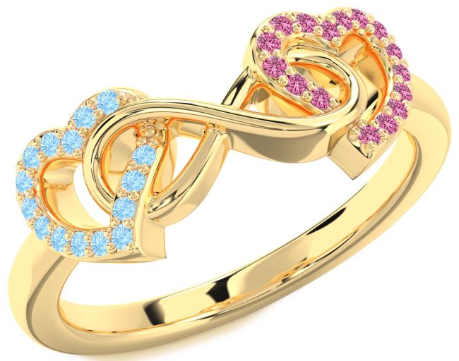 Aquamarine & Pink Sapphire Gold Silver Heart Infinity Promise Ring