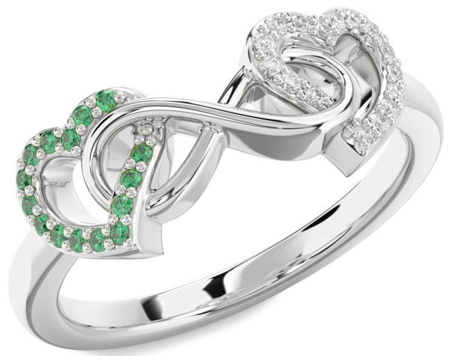 Diamond & Emerald Silver Heart Infinity Promise Ring