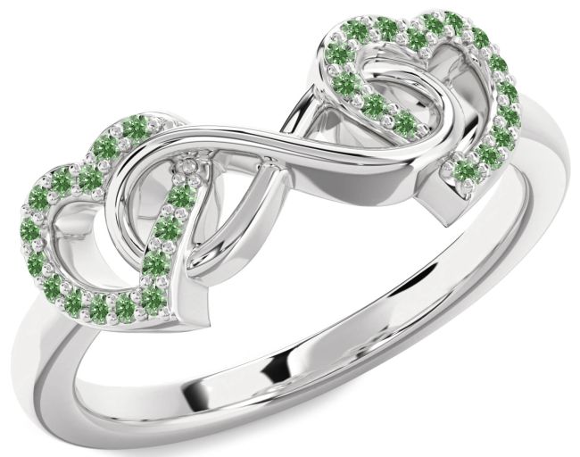 Green Diamond Silver Heart Infinity Ring