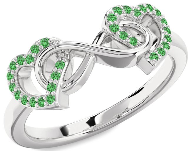 Green Sapphire Silver Heart Infinity Ring