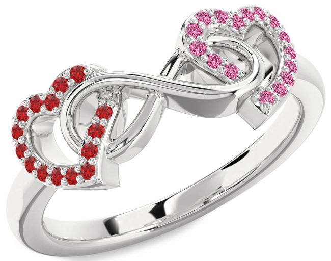Ruby & Pink Sapphire Silver Heart Infinity Promise Ring