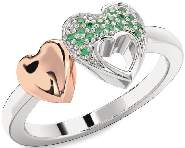 Emerald Rose Gold Silver Heart Ring
