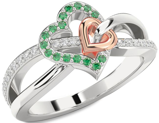 Diamond Emerald Rose Gold Silver Heart Ring