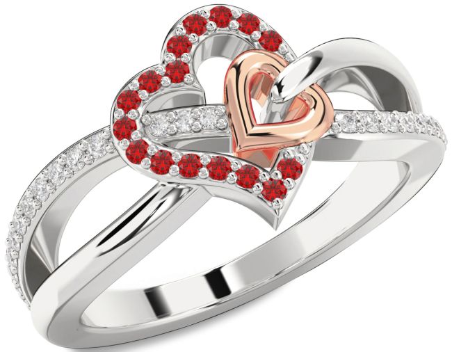 Diamond Ruby Rose Gold Silver Heart Ring